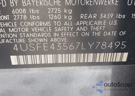 2007 BMW X5 3.0Si from USA, damaged, VIN 4USFE43567LY78495